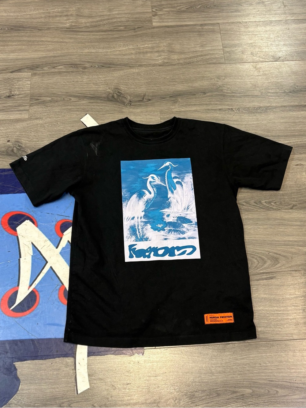 Heron Preston Black Graphic Tee with Blue Heron Print